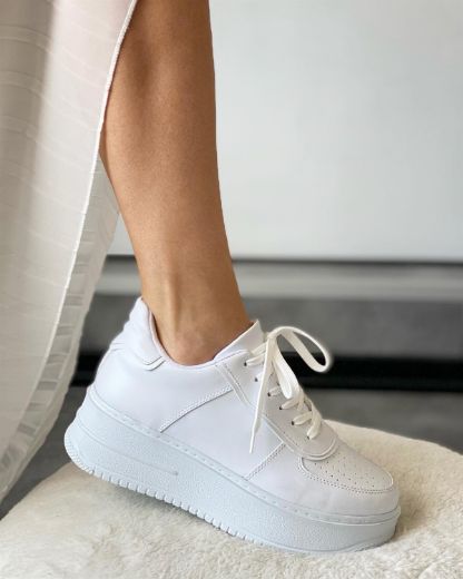 408 Şerit Detay Bağcıklı3 Cm Kadın Spor Ayakkabı  BEYAZ CİLT resmi