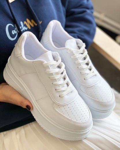 408 Şerit Detay Bağcıklı3 Cm Kadın Spor Ayakkabı  BEYAZ CİLT resmi
