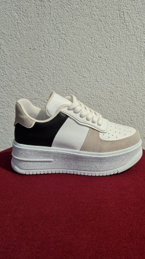 408 Şerit Detay Bağcıklı3 Cm Kadın Spor Ayakkabı  BEYAZ GRİ SİYAH resmi