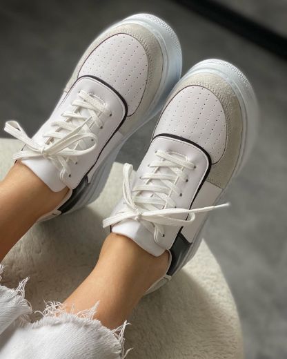 408 Şerit Detay Bağcıklı3 Cm Kadın Spor Ayakkabı  BEYAZ BEJ SİYAH resmi