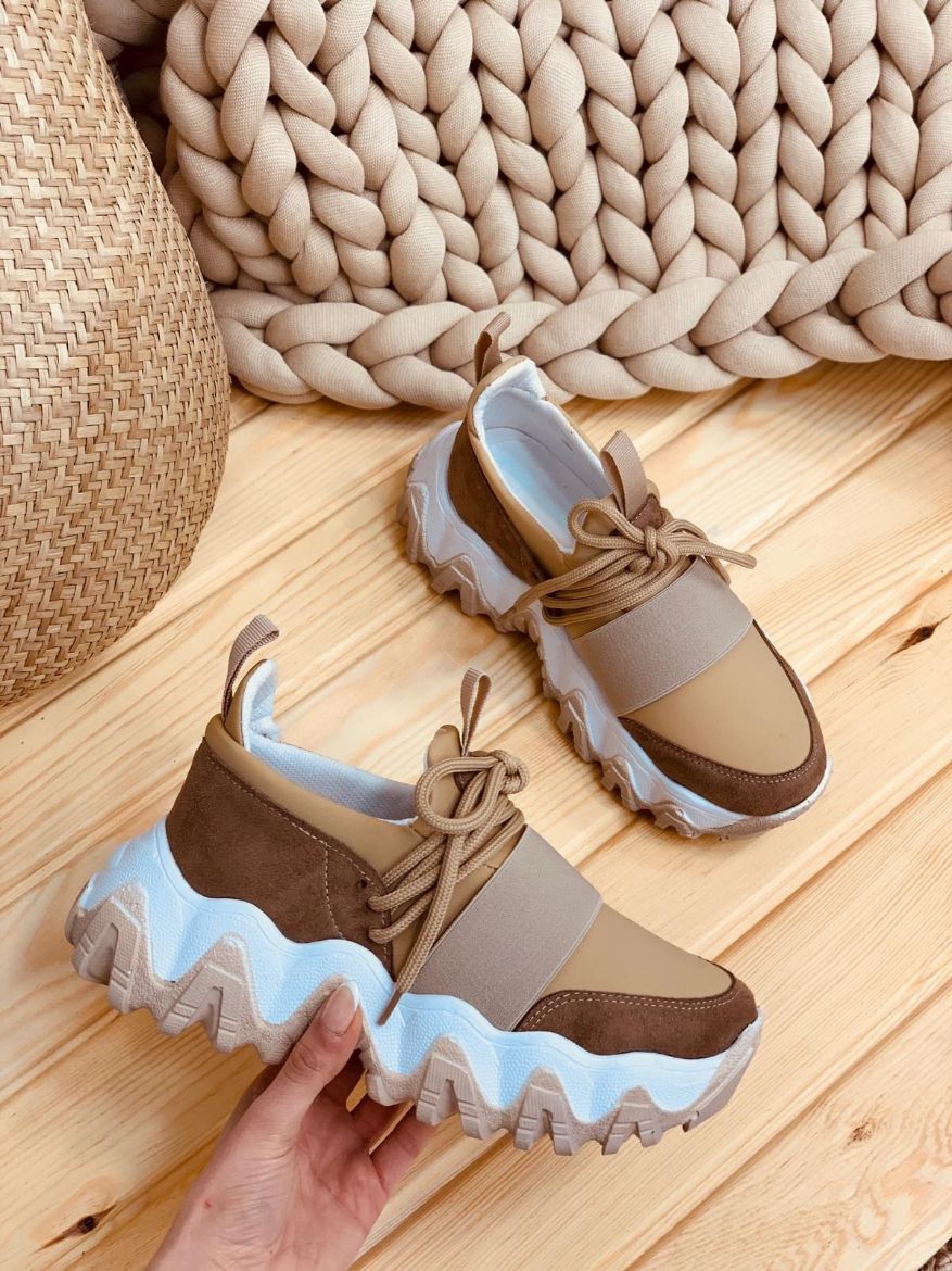 409 Mix Color 6Cm Kalın Taban Kadın Sneakers Günlü  BEJ TABA resmi