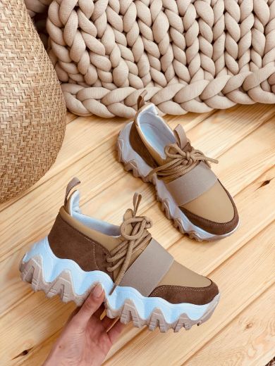 409 Mix Color 6Cm Kalın Taban Kadın Sneakers Günlü  BEJ TABA resmi