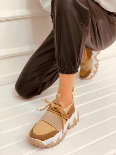 409 Mix Color 6Cm Kalın Taban Kadın Sneakers Günlü  BEJ TABA resmi