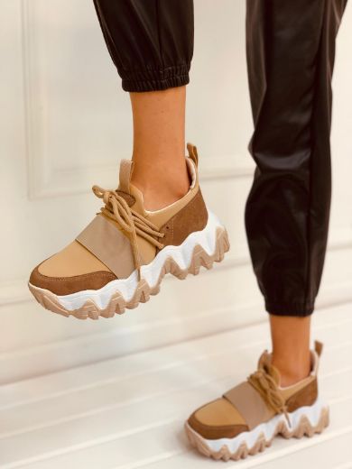 409 Mix Color 6Cm Kalın Taban Kadın Sneakers Günlü  BEJ TABA resmi