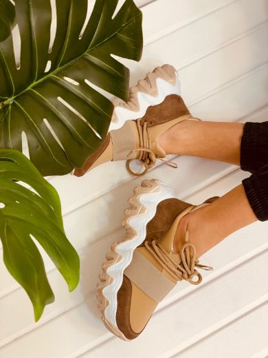 409 Mix Color 6Cm Kalın Taban Kadın Sneakers Günlü  BEJ TABA resmi