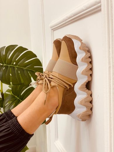 409 Mix Color 6Cm Kalın Taban Kadın Sneakers Günlü  BEJ TABA resmi