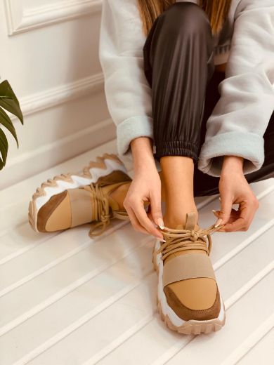 409 Mix Color 6Cm Kalın Taban Kadın Sneakers Günlü  BEJ TABA resmi