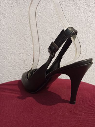 02 Arka Açık Ince Topuk 8Cm Kadın Stiletto  Siyah Deri resmi