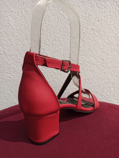6201 5Cm Çapraz Bant Kalın Topuk Sandalet Ayakkabı  Kırmızı Deri resmi