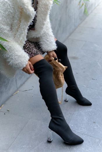 973 Şeffaf Topuk Diz Üstü Triko Çorap Çizme  SİYAH TRİKO resmi
