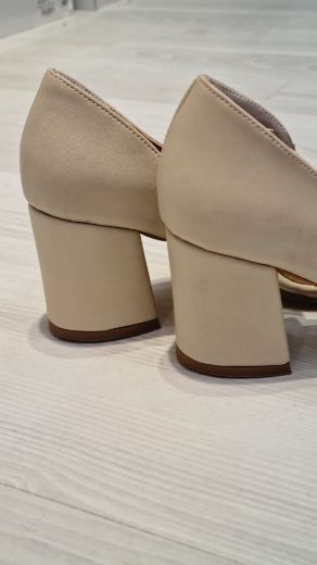 354 Şeffaf Yan Detay Kalın Topuk Kadın Ayakkabı  Bej Deri  resmi