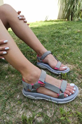 991 Çift Cırtlı Spor Taban Rahat Kadın Sandalet  GRİ PEMBE resmi