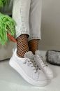 009 Taşlı Bağcık Detay Kadın Sneaker Spor Günlük   BEYAZ DERİ