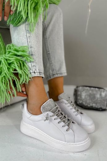 009 Taşlı Bağcık Detay Kadın Sneaker Spor Günlük   BEYAZ DERİ resmi