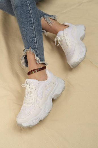 238 Kalın Taban Günlük Rahat Kadın Sneaker  BEYAZ DERİ resmi