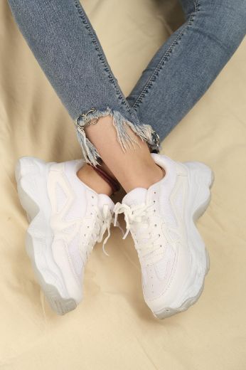 238 Kalın Taban Günlük Rahat Kadın Sneaker  BEYAZ DERİ resmi