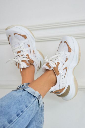228 Kalın Taban Günlük Kadın Spor Sneakers Ayakka  BEYAZ DERİ resmi