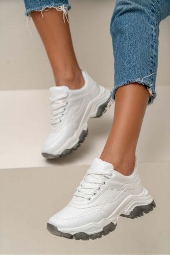 229 Günlük Bağcıklı Kadın Sneakers Spor Ayakkabı  BEYAZ DERİ resmi