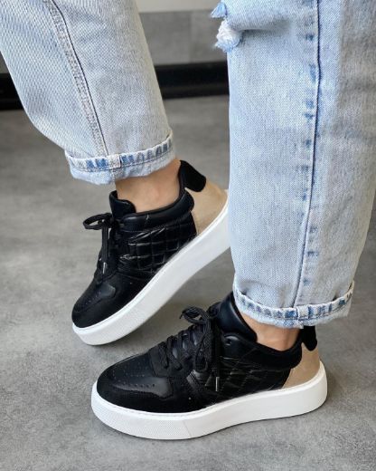 246 Kalın Taban Sneaker Kadın Rahat Spor Ayakkabı   SİYAH BEJ resmi