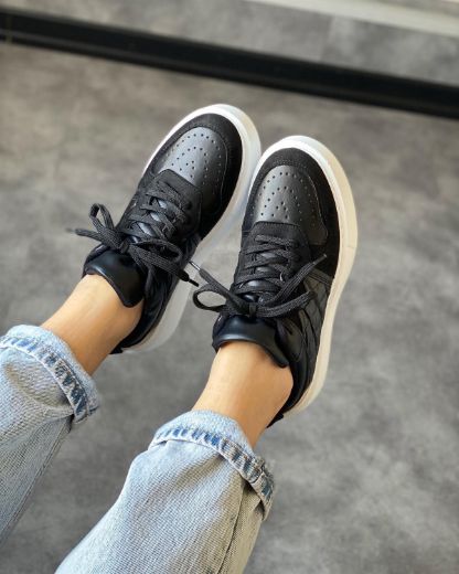 246 Kalın Taban Sneaker Kadın Rahat Spor Ayakkabı   SİYAH BEJ resmi