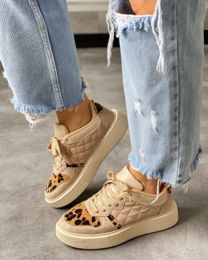 246 Kalın Taban Sneaker Kadın Rahat Spor Ayakkabı   BEJ LEOPAR resmi