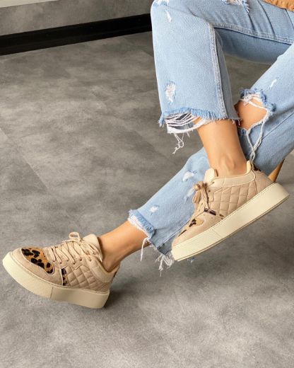 246 Kalın Taban Sneaker Kadın Rahat Spor Ayakkabı   BEJ LEOPAR resmi
