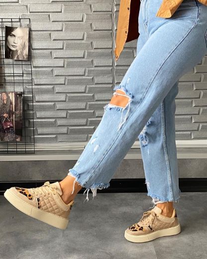 246 Kalın Taban Sneaker Kadın Rahat Spor Ayakkabı   BEJ LEOPAR resmi