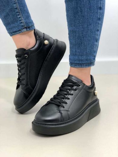247 Kalın Taban Günlük Rahat Sneaker Kadın Ayakkab  SİYAH DERİ resmi