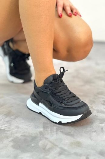 255  Havalı Spor Taban Günlük Rahat Kadın Sneaker  Siyah Deri resmi