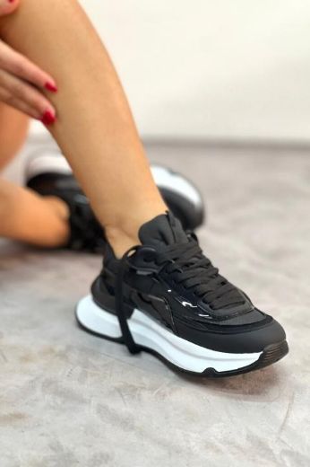 255  Havalı Spor Taban Günlük Rahat Kadın Sneaker  Siyah Deri resmi