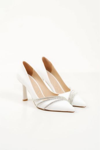 259 Taş Detay 9 Cm Rahat Günlük Şık Kadın Stiletto  BEYAZ DERİ resmi