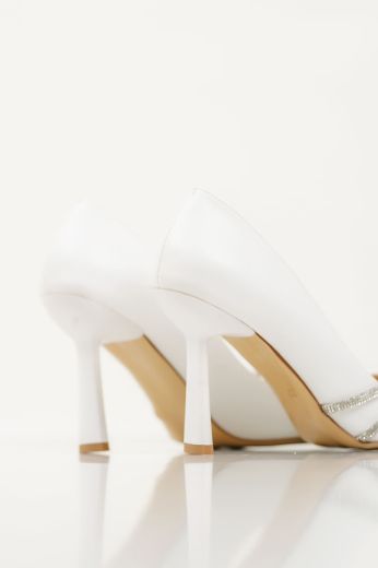 259 Taş Detay 9 Cm Rahat Günlük Şık Kadın Stiletto  BEYAZ DERİ resmi