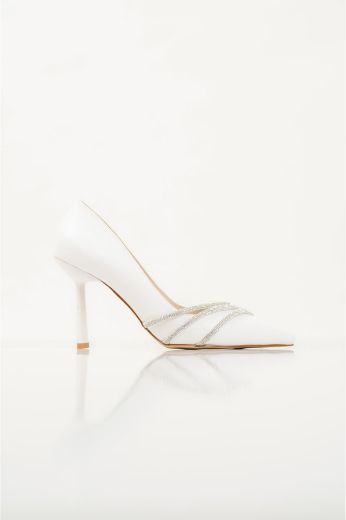 259 Taş Detay 9 Cm Rahat Günlük Şık Kadın Stiletto  BEYAZ DERİ resmi