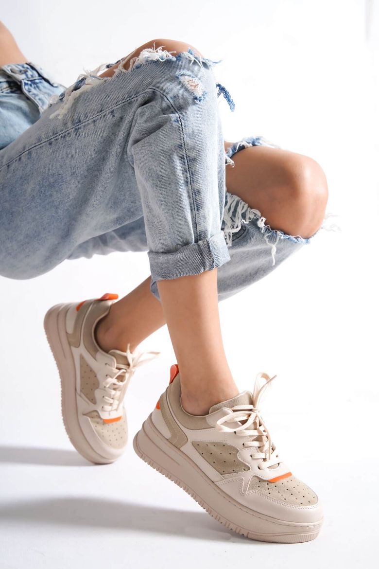269 Rahat Spor Günlük Sneaker Kadın  Ayakkabı   Bej Deri  resmi
