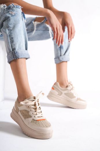 269 Rahat Spor Günlük Sneaker Kadın  Ayakkabı   Bej Deri  resmi