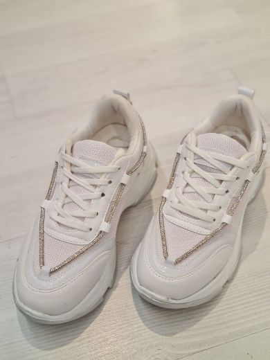 252 Taş Detay Kadın Günlük Spor Sneaker Ayakkabı   BEYAZ DERİ resmi
