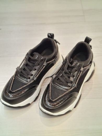 252 Taş Detay Kadın Günlük Spor Sneaker Ayakkabı   Siyah Deri resmi