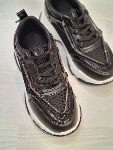 252 Taş Detay Kadın Günlük Spor Sneaker Ayakkabı   Siyah Deri resmi