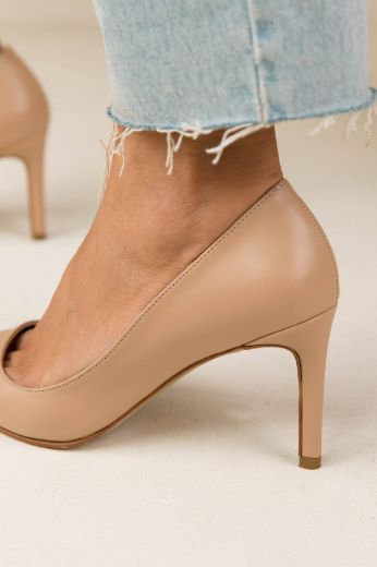 023  Günlük Rahat Kullanışlı 8 Cm Kadın Stiletto  Bej Deri  resmi