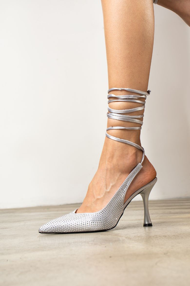 025 Taşlı Bilek Bağlı 8Cm Arka Açık Kadın Stiletto  Gümüş resmi
