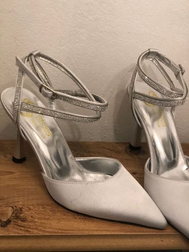 026 Su Yolu Taş Detay Abiye 8 Cm Kadın Ayakkabı   GÜMÜŞ SATEN resmi