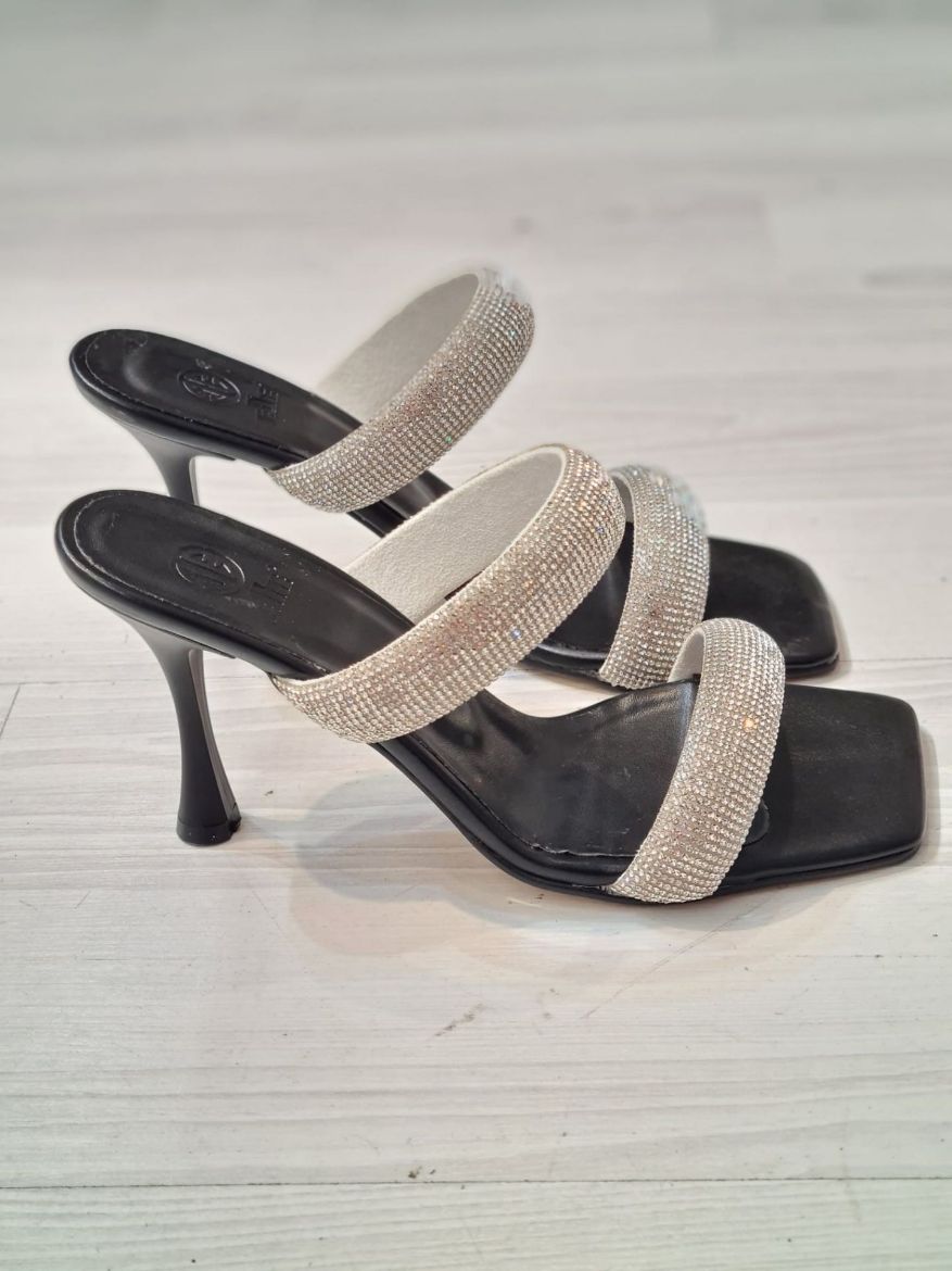 042 Iki Sıra Taş Detay 8 Cm Kadın Terlik Ayakkabı   Siyah Deri resmi