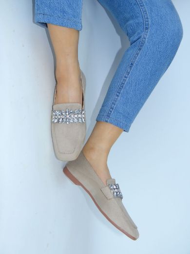 505 Taş Detay Kadın Loafer Babet Ayakkabı  BEJ SÜET resmi