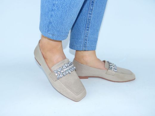 505 Taş Detay Kadın Loafer Babet Ayakkabı  BEJ SÜET resmi