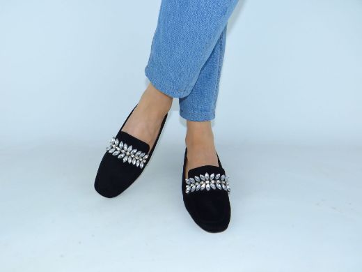 505 Taş Detay Kadın Loafer Babet Ayakkabı  SİYAH SÜET resmi