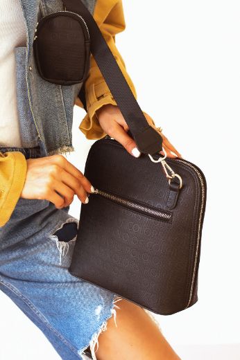 C072 Kadın Çanta Günlük Omuz Çanta Polo Çanta   Siyah Deri resmi