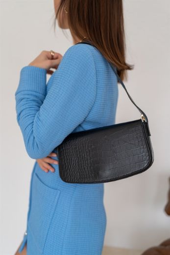 C019 Kadın Omuz Çanta Clutch Çanta Baget Çanta Rht  SİYAH KROKO DERİ resmi