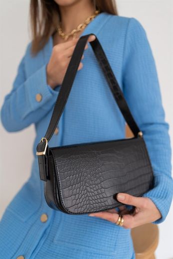 C019 Kadın Omuz Çanta Clutch Çanta Baget Çanta Rht  SİYAH KROKO DERİ resmi