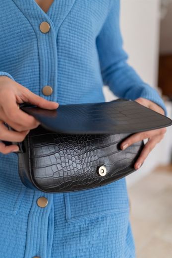 C019 Kadın Omuz Çanta Clutch Çanta Baget Çanta Rht  SİYAH KROKO DERİ resmi
