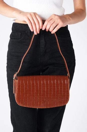 C019 Kadın Omuz Çanta Clutch Çanta Baget Çanta Rht  TABA KROKO resmi
